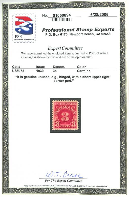 U.S. #J72 MINT OG HR with PSE Cert