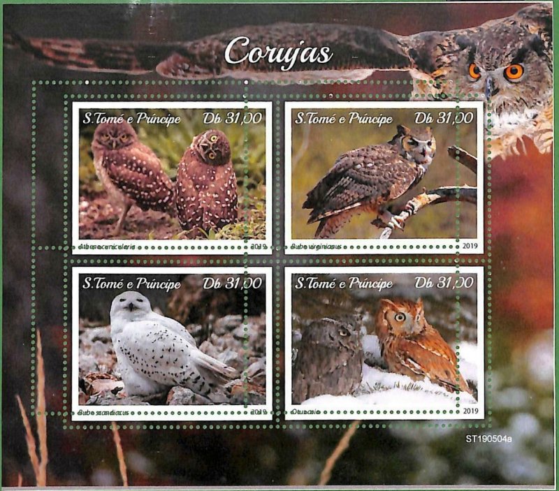 A3525-Sao Tome & Principe ERROR MISSPERF 2019  bird owls птицы Совы