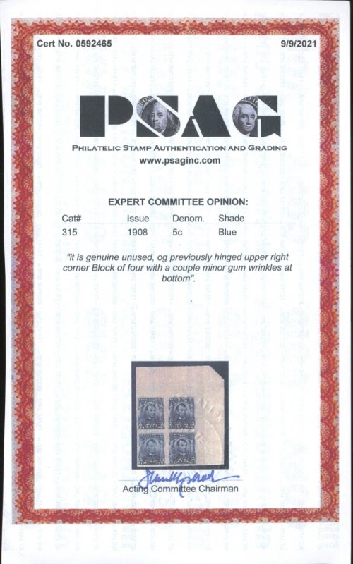 U.S. #315 MINT SINGLE WITH PSAG CERT OG