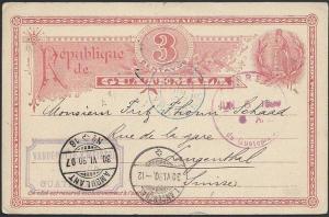 GUATEMALA 1907 3c postcard used to Switzerland.............................48945