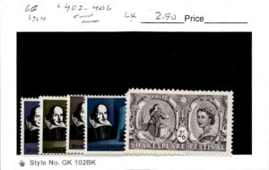 Great Britain, Postage Stamp, #402-406 Mint NH, 1964 Shakespeare (AG)