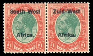 South West Africa 1923 KGV £1 green & red bilingual pair MLH. SG 15. Sc 15.