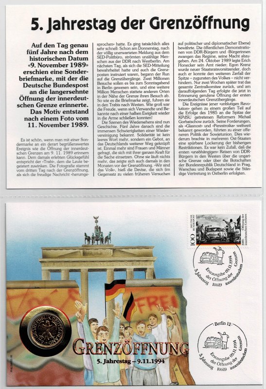 Germany 1995, 5th anniversary of the opening of the border, coin cover