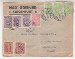 AUSTRIA,1923 cover, 50k.(2), 160k.(3), 200k. & 240k.(3),Klagenfurt to Manchester