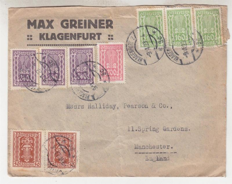 AUSTRIA,1923 cover, 50k.(2), 160k.(3), 200k. & 240k.(3),Klagenfurt to Manchester