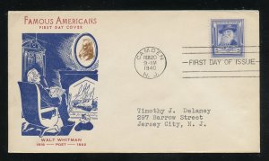 US 867 M=4 Walt Whitman Famous American Fidelity cachet FDC ADDR 