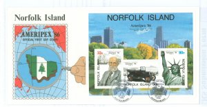 Norfolk Island 384a 1986 FDC. Ameripex 86. Isaac Robinson. Ford Model-T. Statue of Liberty.