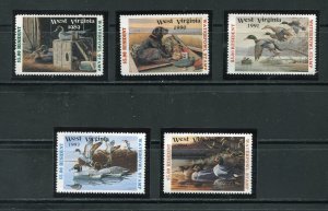 West Virginia 5, 7, 9, 13, 15 Waterfowl State Duck Hunting Stamps MNH