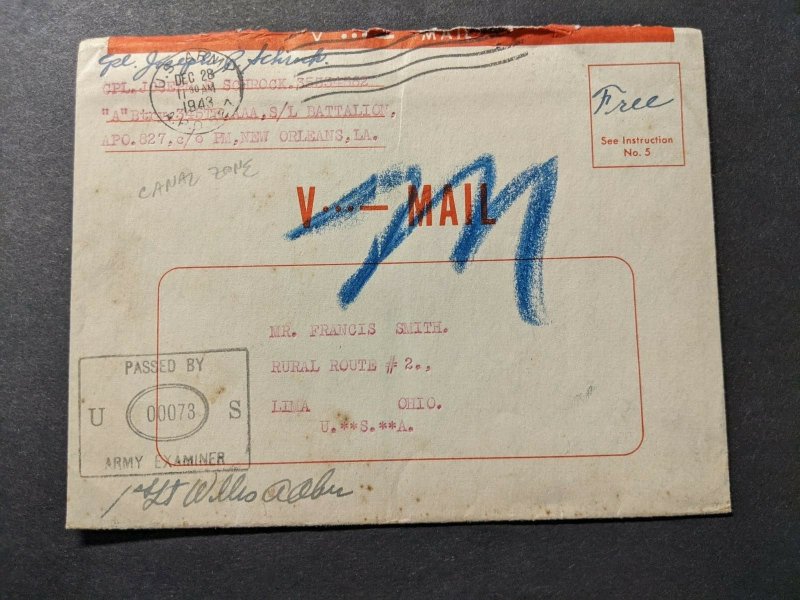 APO 827 FORT CLAYTON, CANAL ZONE  1943 Censored WWII Army Cover V-MAIL Letter 