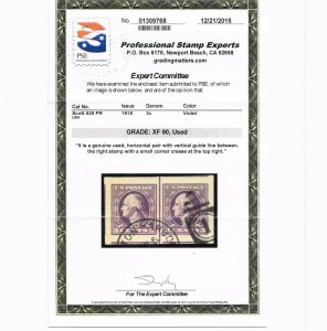 EXCEPTIONAL GENUINE SCOTT #535 USED LINE PAIR PSE CERT GRADED XF-90 #9707