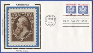 US 1991 Scott O145  29c Coil Great Seal VF Colorano Silk FDC - Eagle / Bird