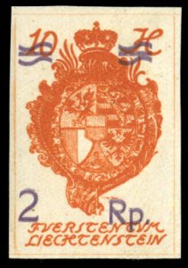 Liechtenstein #52a Cat$72.50, 1921 2rp on 10h deep orange, surcharge double, ...