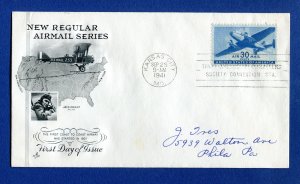 US 1941 Airmail FDC. 30c blue. Kansas City MO. Sc#C30.