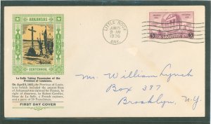 US 782 1936 3c Arkansas Statehood Centennial single on an addressed FDC with a Laird Cachet