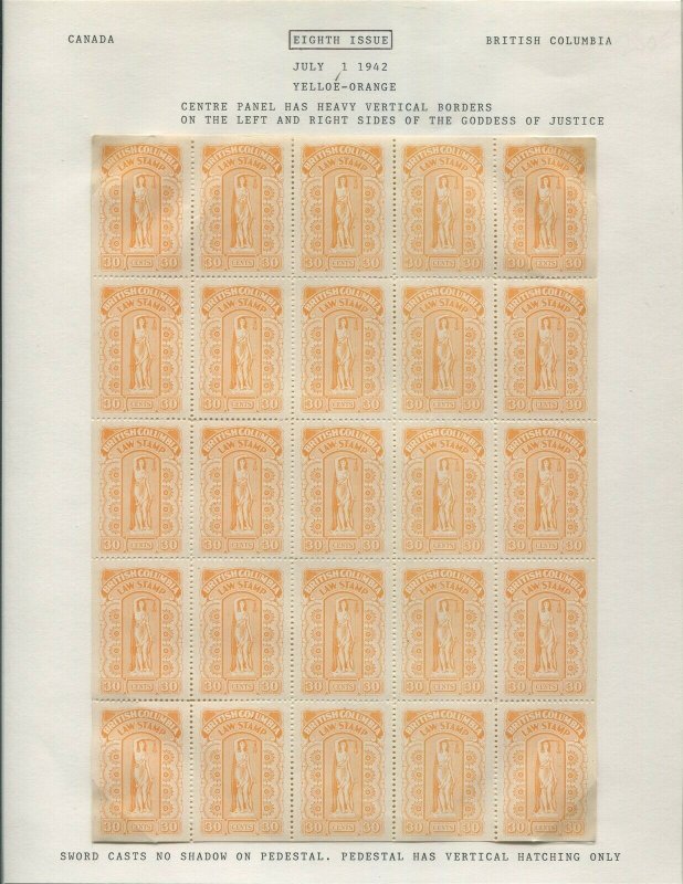 CANADA REVENUE BCL38 MINT BRITISH COLUMBIA LAW STAMP SHEET OF 25