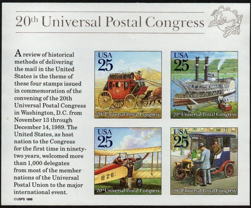 1989 25c Traditional Mail Delivery, Souvenir Sheet of 4 Scott 2438 Mint F/VF NH