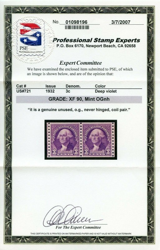 US SCOTT #721 Pair, Mint-XF-OG-NH Graded 90 PSE Cert SMQ $50 (DFP 6/4/20)