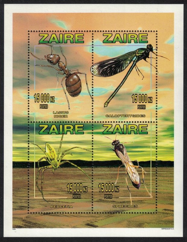Zaire Ant Dragonfly Spider Insects Sheetlet of 4v 1996 MNH SG#1457-1460