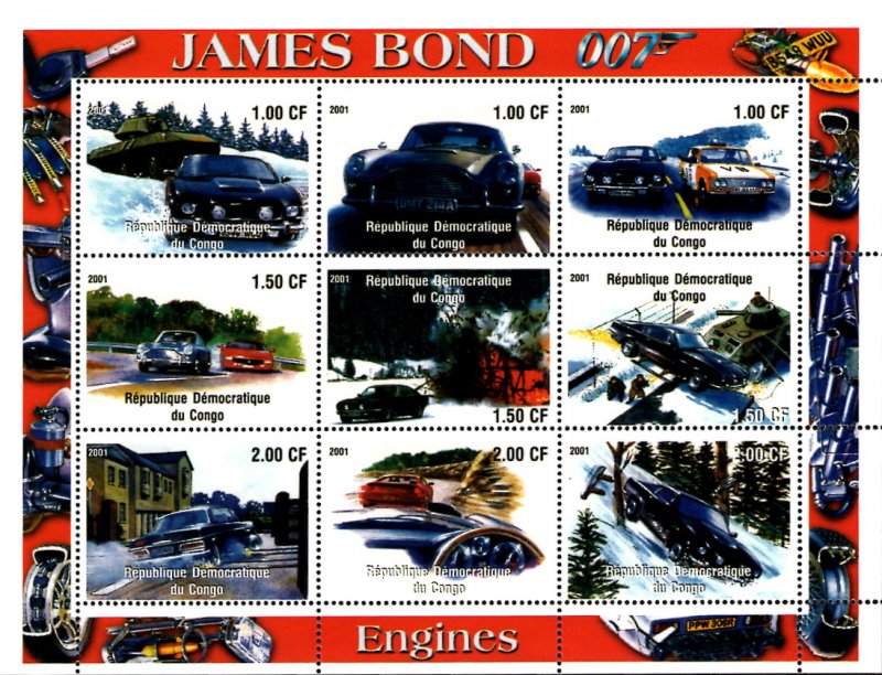 Congo 2001 James Bond's Cars Hollywood Movie Cinema 9v Mint Full Sheet. (L-20)