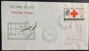 1963 Pitcairn Island First Day Cover FDC Red Cross Centenary Stamp Map Cachet