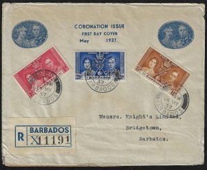 UK GB BARBADOS 1937 CORONATION FDC REGISTERED BARBADOS WITH RARE CACHETS