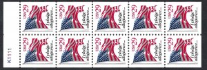 United States 2594a 29¢ Flag (1993). Booklet pane of 10. Red 29. MNH