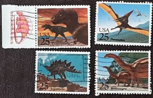 US Scott # 2422-2425; Four used 25c Dinosaurs, 1989; F/VF centering; off paper