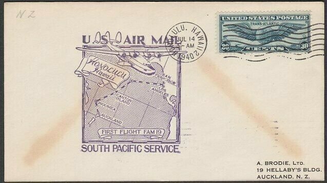 USA 1940 first flight cover Honolulu Hawaii to New Zealand..................Q495