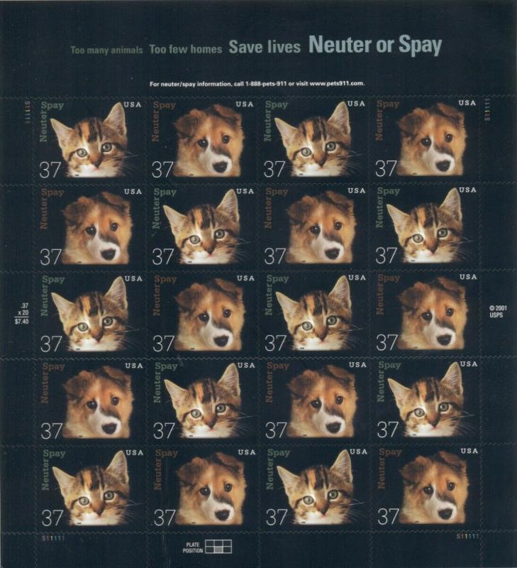 US: 2002 NEUTER OR SPAY; DOG CAT; Sc 3670-71; Sheet, 37 Cents Values