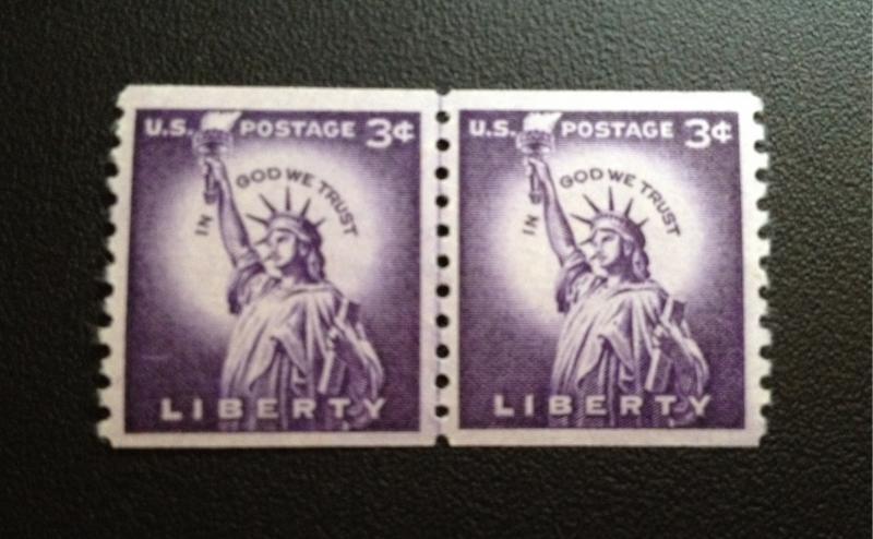 Scott #1057a Liberty, Small Holes, Coil Line Pair, Dry Printing, MINT, VF+, NH