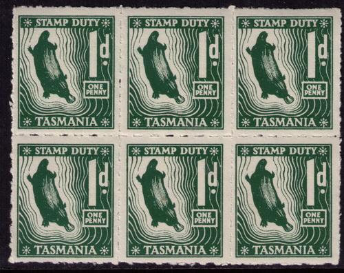 Tasmania 1 d  stamp Duty Mint NH  block of 6