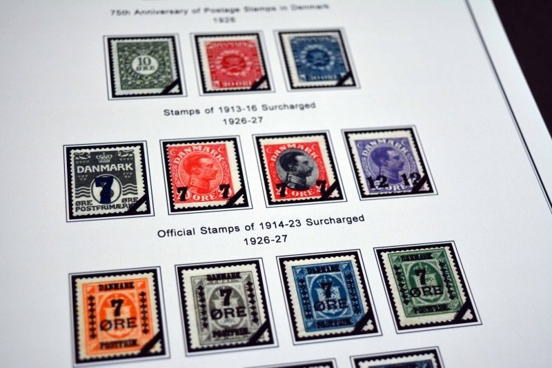 COLOR PRINTED DENMARK [CLASS] 1851-1955 STAMP ALBUM PAGES (27 illustrated pages)