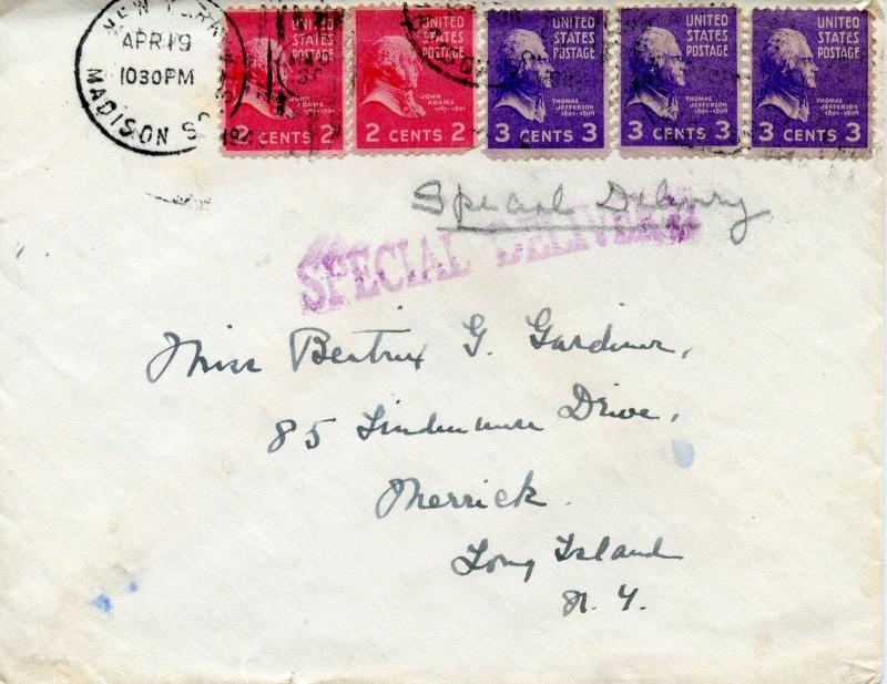 U.S. Scott 806 (2) & 807 (3) Prexies/Prexys on 1st Class Special Delivery Cover 