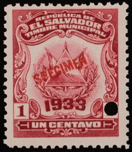 ✔️ EL SALVADOR 1933 (1920) COAT OF ARMS MUNICIPAL REVENUE 1 CTVO MNH [054]