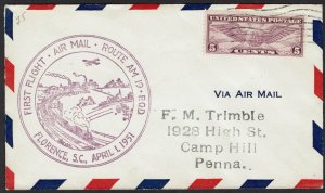 USA 1931 FIRST FLIGHT COVER FLORENCE TO CAMP HILL