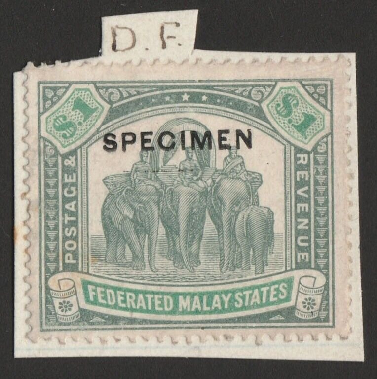 FEDERATED MALAY STATES 1904 Elephants $1 wmk mult crown, SPECIMEN. Unique!