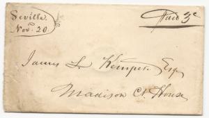 VA Stampless Cover Seville DPO 4 Madison Co Nov 20, 1840's to CSA General Kemper