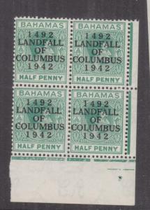 BAHAMAS, 1942 Landfall of Columbus, 1/2d. Green, marginal block of 4, mnh.