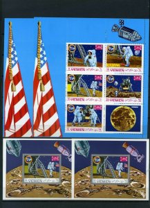 YEMEN KINGDOM 1969 SPACE APOLLO XI 2 SHEETS OF 5 STAMPS & 2 S/S MNH