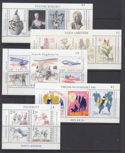 Sweden Sc 1298, 1419, 1516, 1553, 1611 MNH. 1979-86 sheets, 5 different, VF