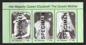 1990 St Vincent 1527-1529strip+Tab 90th anniversary of Queen Elizabeth, SPECIMEH