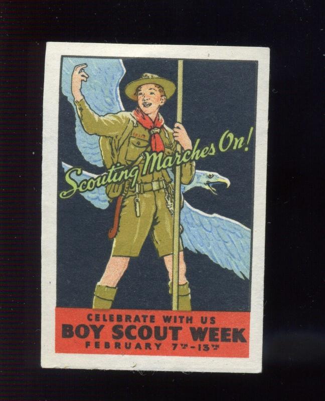 Vintage BOY SCOUT WEEK 'SCOUTING MARCHES ON' Norman Rockwell Poster Stamp (L77)