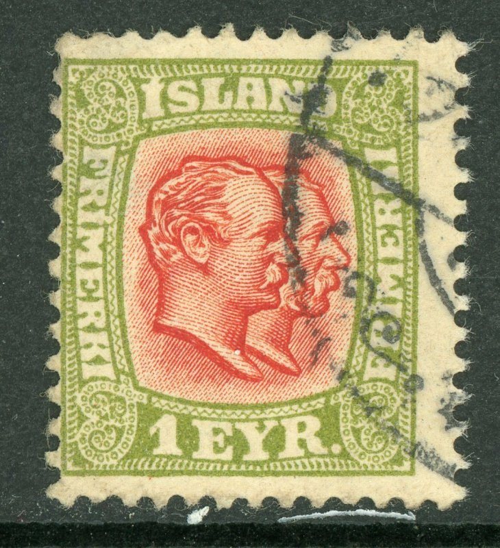 Iceland 1907 Two Kings 1e Yel Gr & Red Perf 13 Scott 71 VFU C805