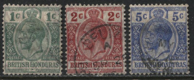 British Honduras KGV 1915 1 cent to 5 cents set moire overprint used.