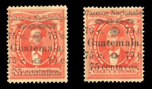 Guatemala #28b-c Cat$20, 1886 75c on 1p vermilion, Cetanos and Carreos va...