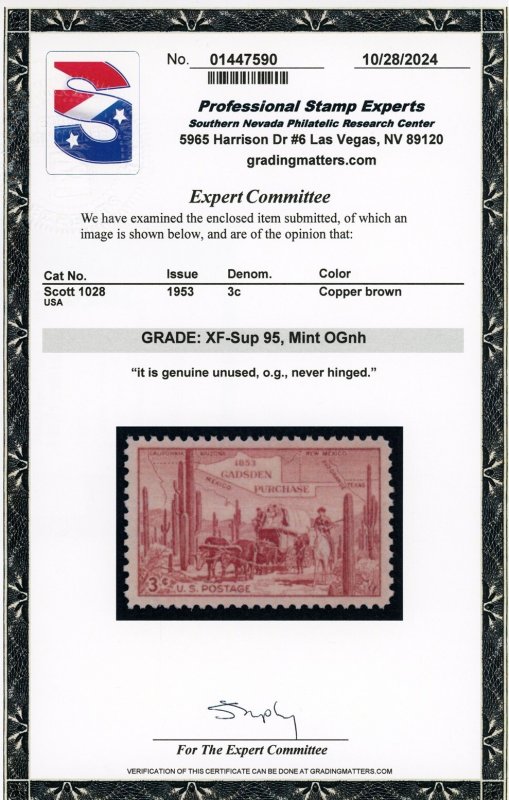 US Stamp #1028 Gadsden Purchase 3c - PSE Cert - XF-SUP 95 - MNH - SMQ $40.00