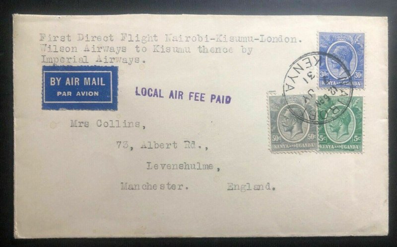 1931 Nairobi Kenya First Flight Cover FFC To Manchester England Via Kisumu