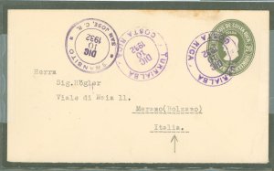 Costa Rica  1932 20c deep olive; Turrialba, San Jose transit, Italy arrival reverse.