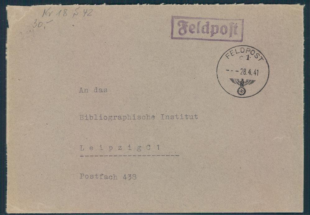 3rd Reich Germany Feldpost 1 Cover G55714 Worldwide