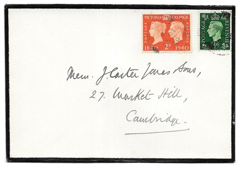 Great Britain 1940 Mourning Cover to Cambridge, Scott 235,255, Stag Wax Seal
